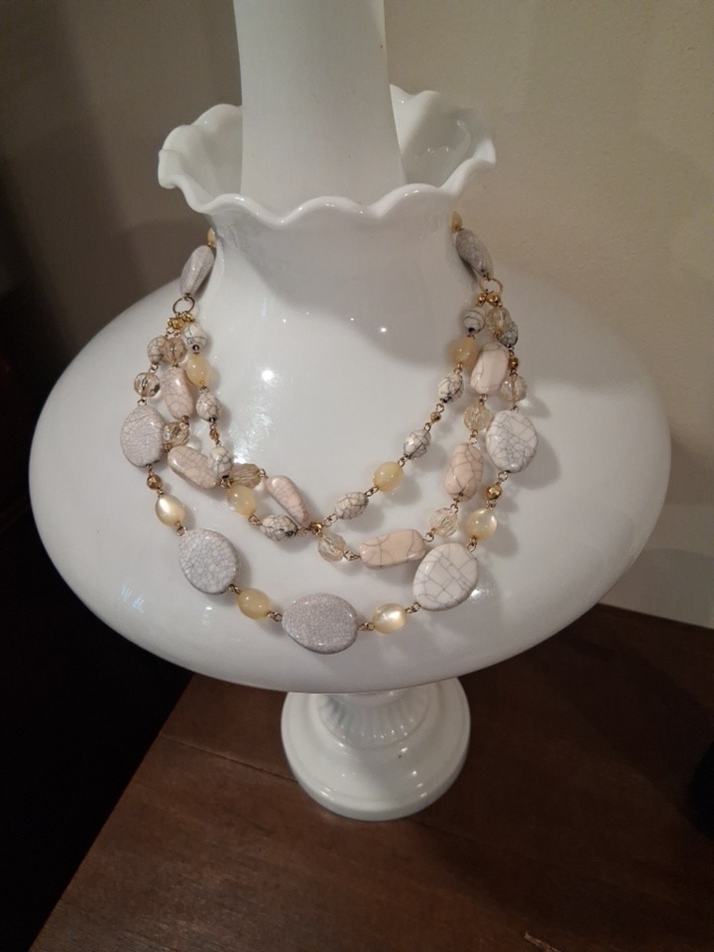 Three-Strand Neutral Bead Necklace with Gold Accents